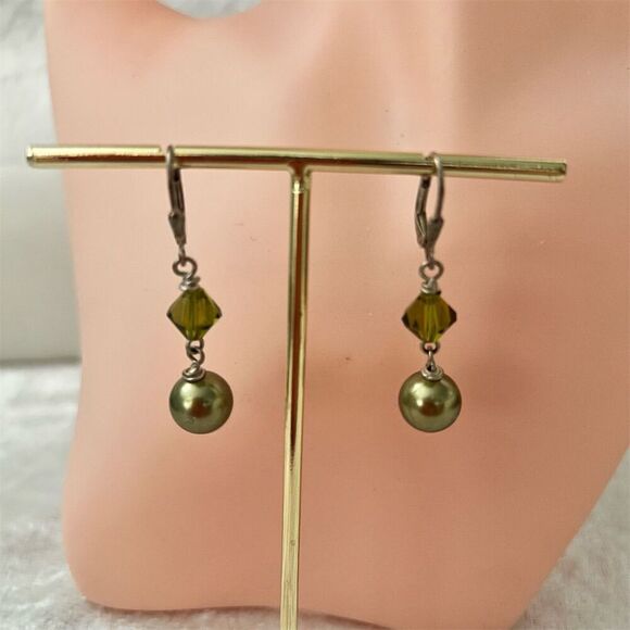 925 Silver Color Drop Earrings. SKU: EG14367SVJPE | Gabriel  925 Sterling Silver Olive Green Pearl Bead Dangle Earrings Lever Back